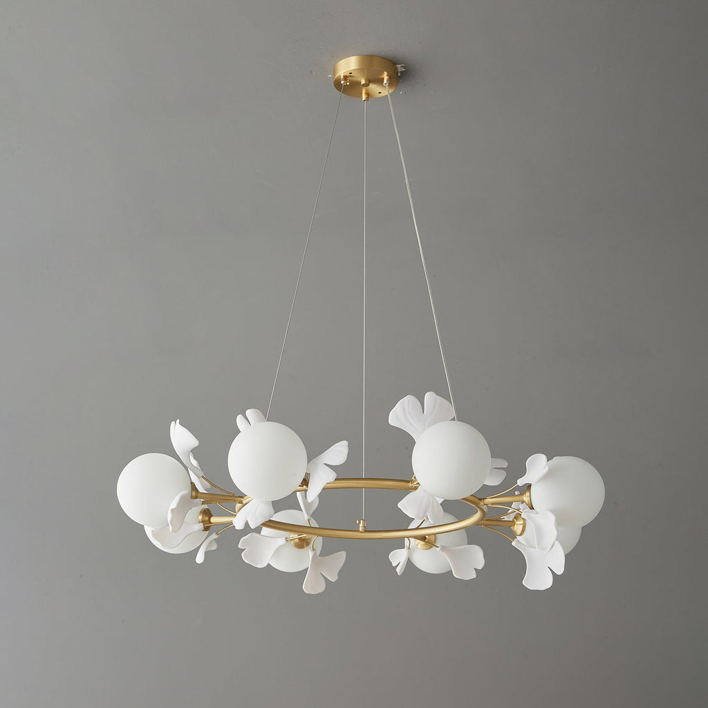Olivia Ceramic Gingko Floral Brass Chandelier