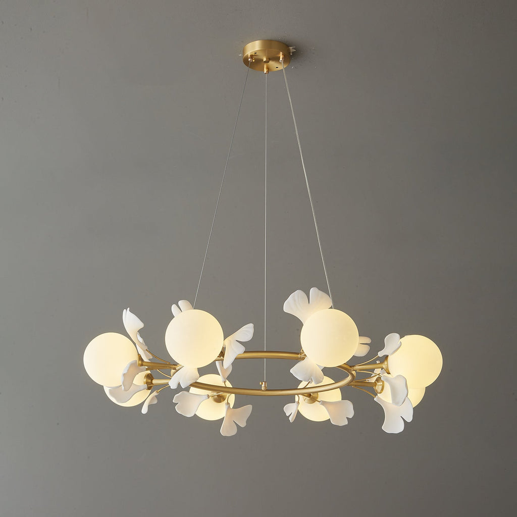 Olivia Ceramic Gingko Floral Brass Chandelier