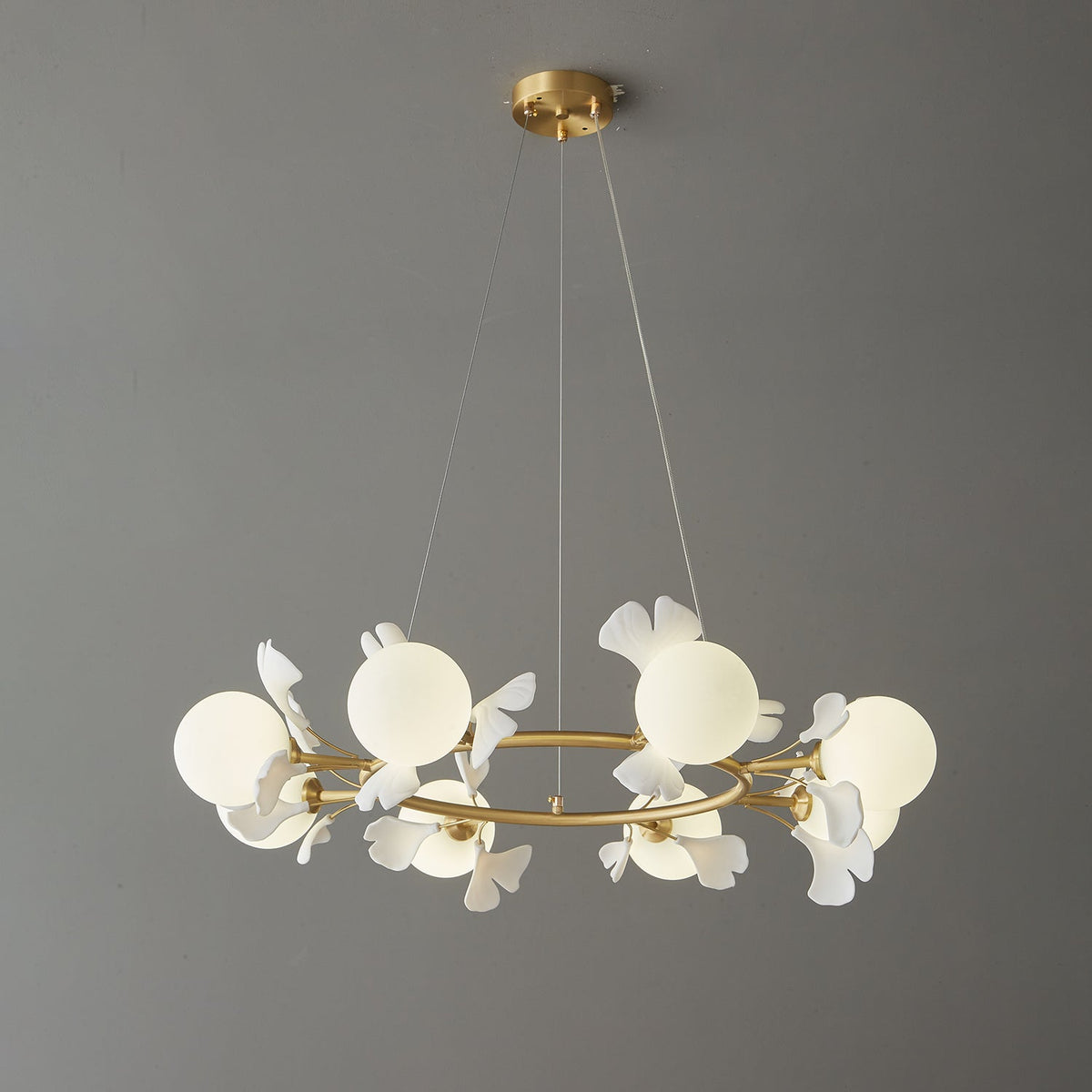 Olivia Ceramic Gingko Floral Brass Chandelier