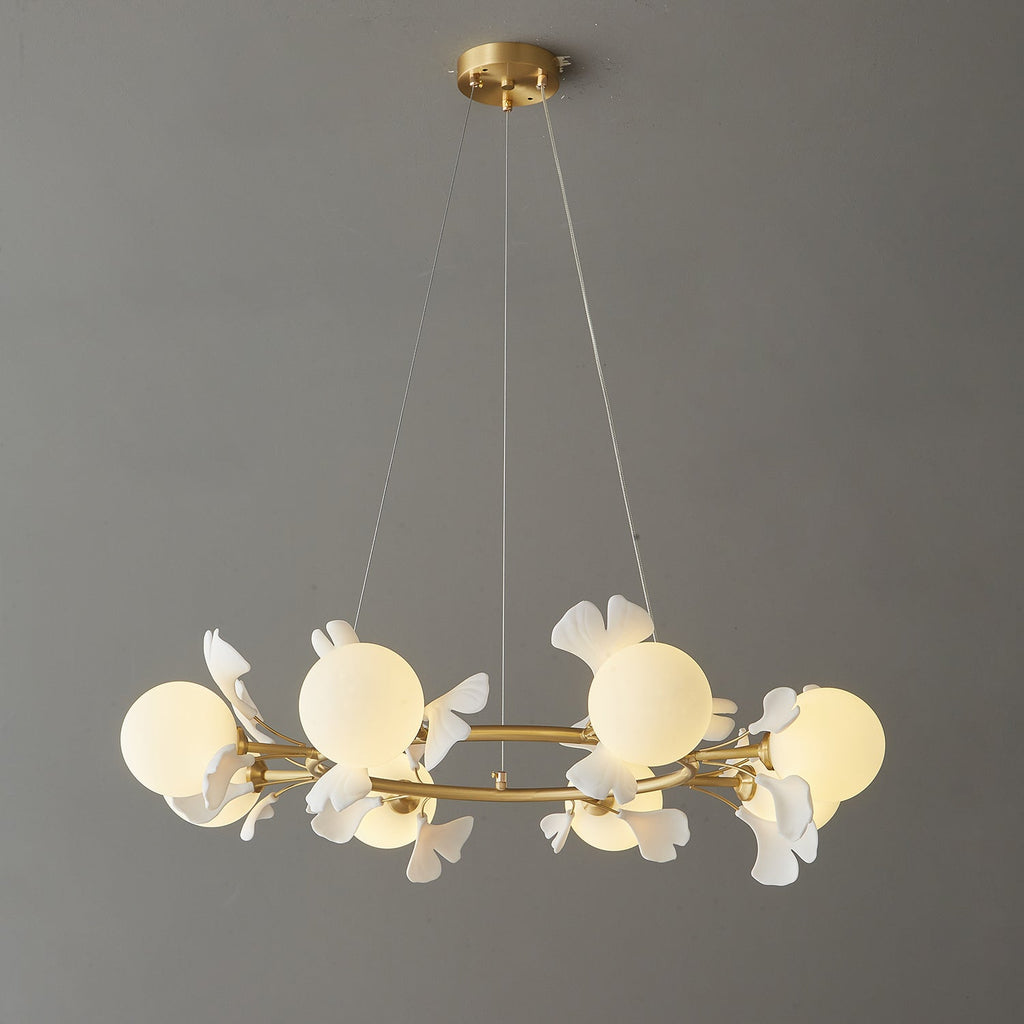 Olivia Ceramic Gingko Floral Brass Chandelier