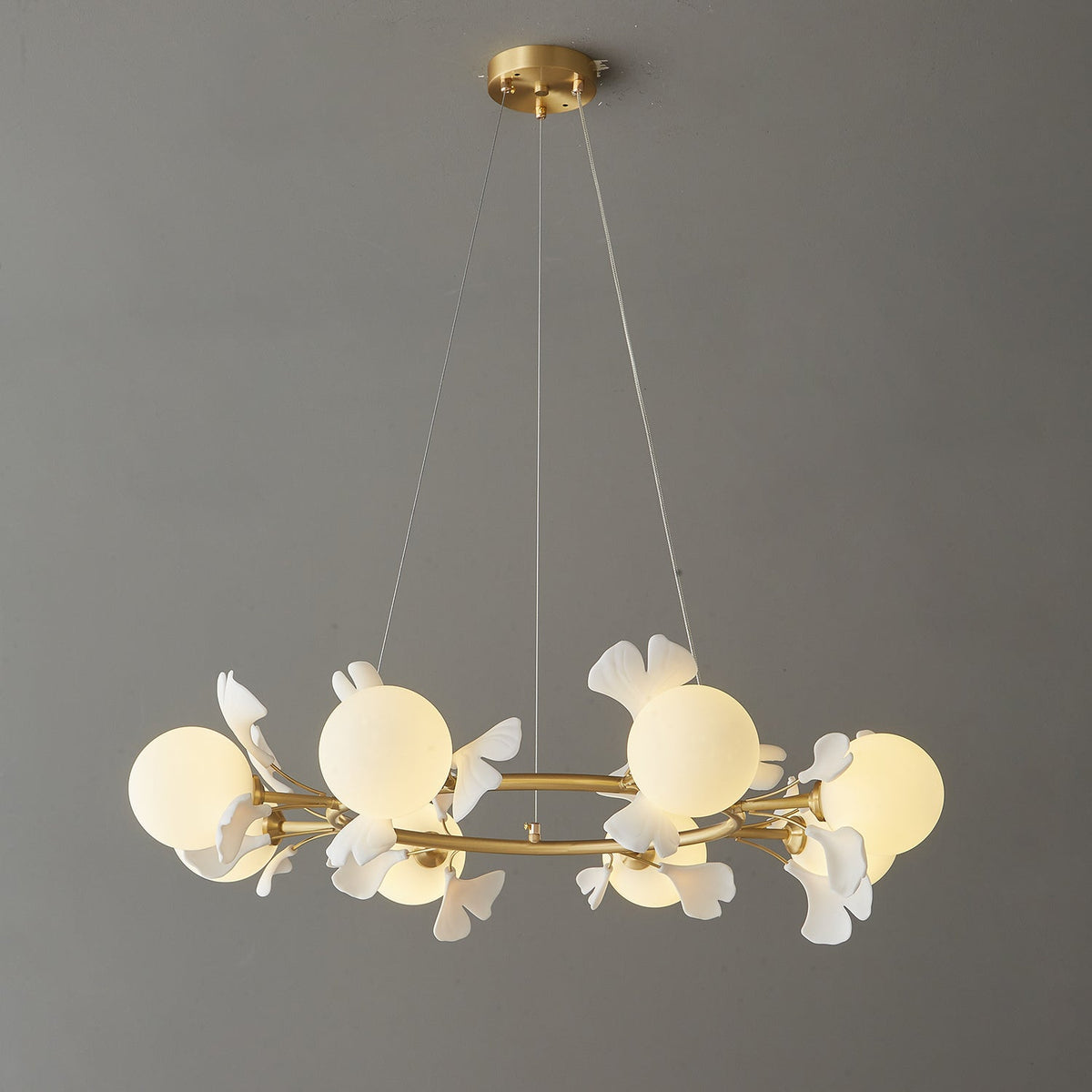 Olivia Ceramic Gingko Floral Brass Chandelier