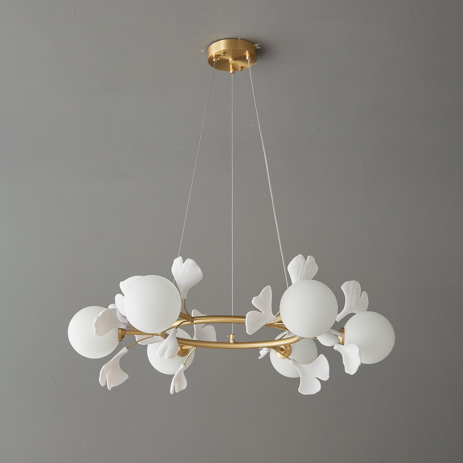 Olivia Ceramic Gingko Floral Brass Chandelier