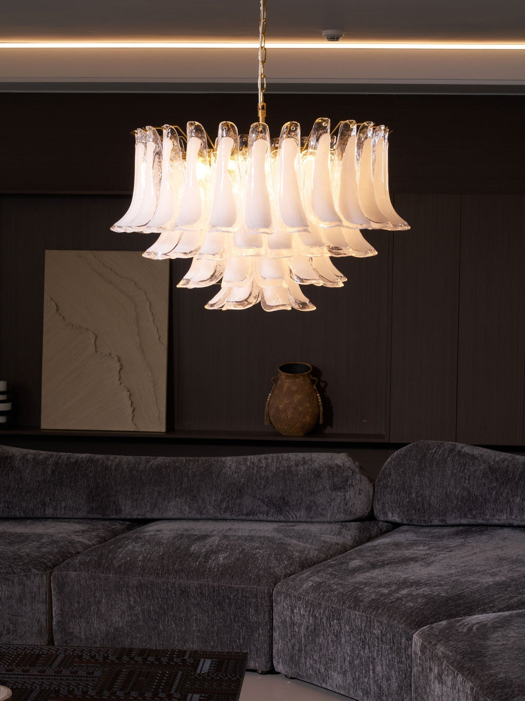 Aurora Chandelier Pink Glass Leaf Layered Floral Glamour