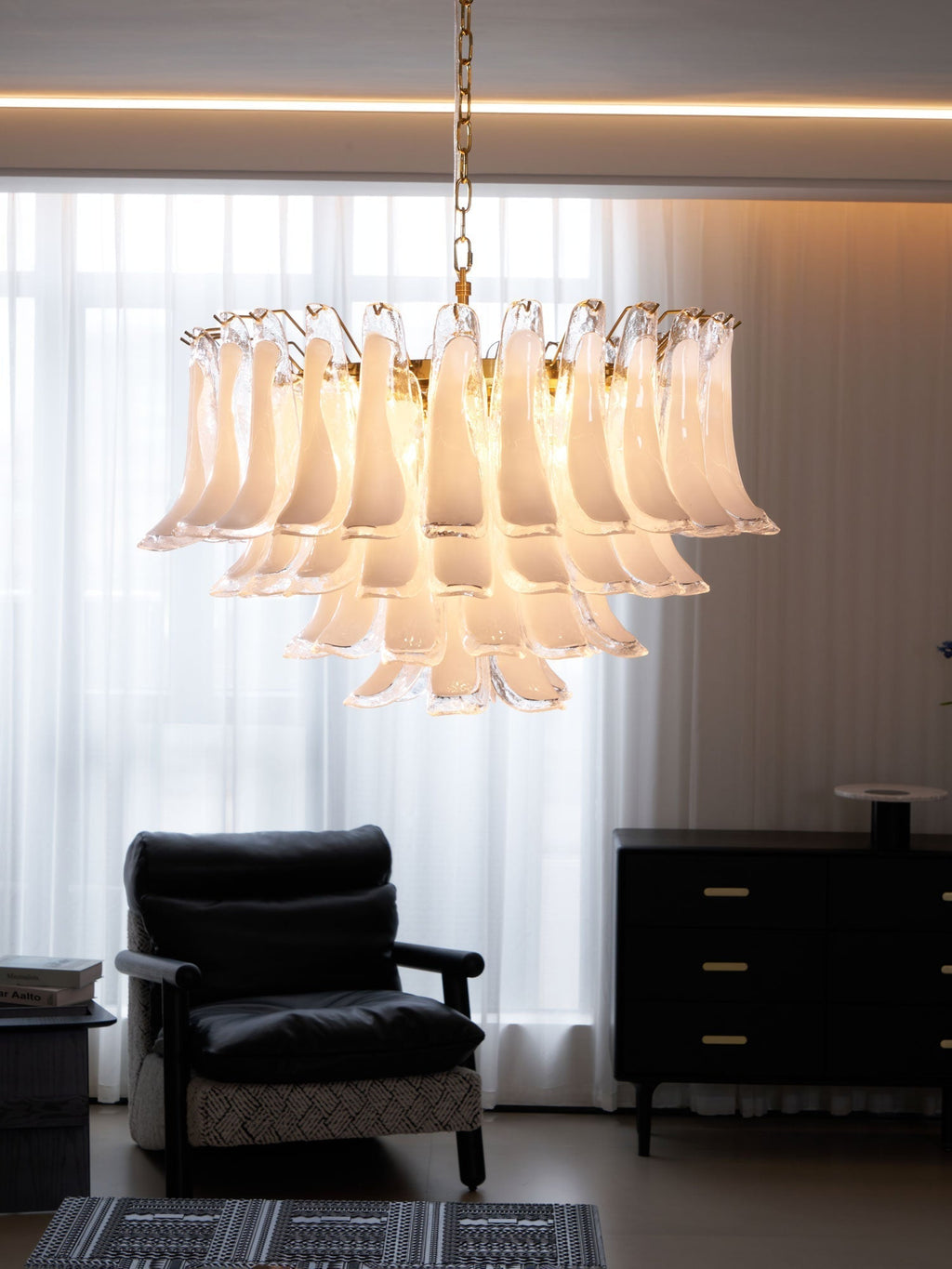 Aurora Chandelier Pink Glass Leaf Layered Floral Glamour