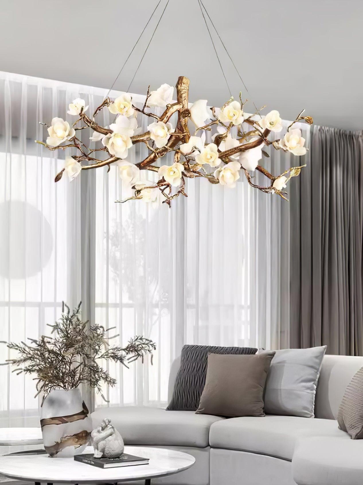 Avaros Postmodern Luxury Flower Bloom Branch Brass Ceramic Chandelier