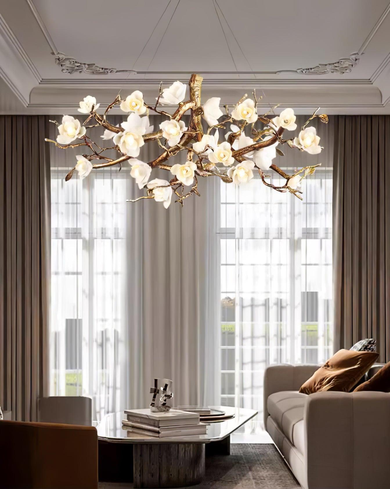 Avaros Postmodern Luxury Flower Bloom Branch Brass Ceramic Chandelier