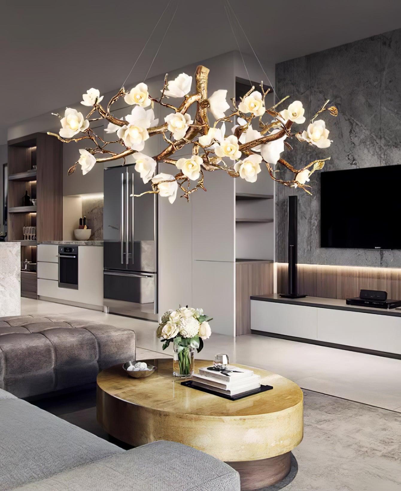 Avaros Postmodern Luxury Flower Bloom Branch Brass Ceramic Chandelier