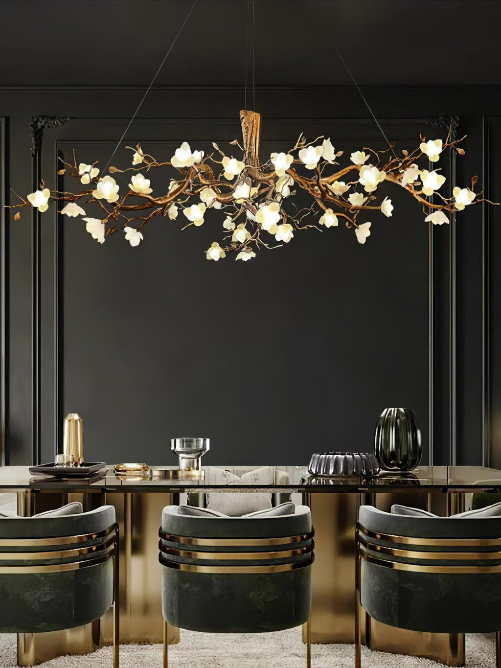 Avaros Postmodern Luxury Flower Bloom Branch Brass Ceramic Chandelier