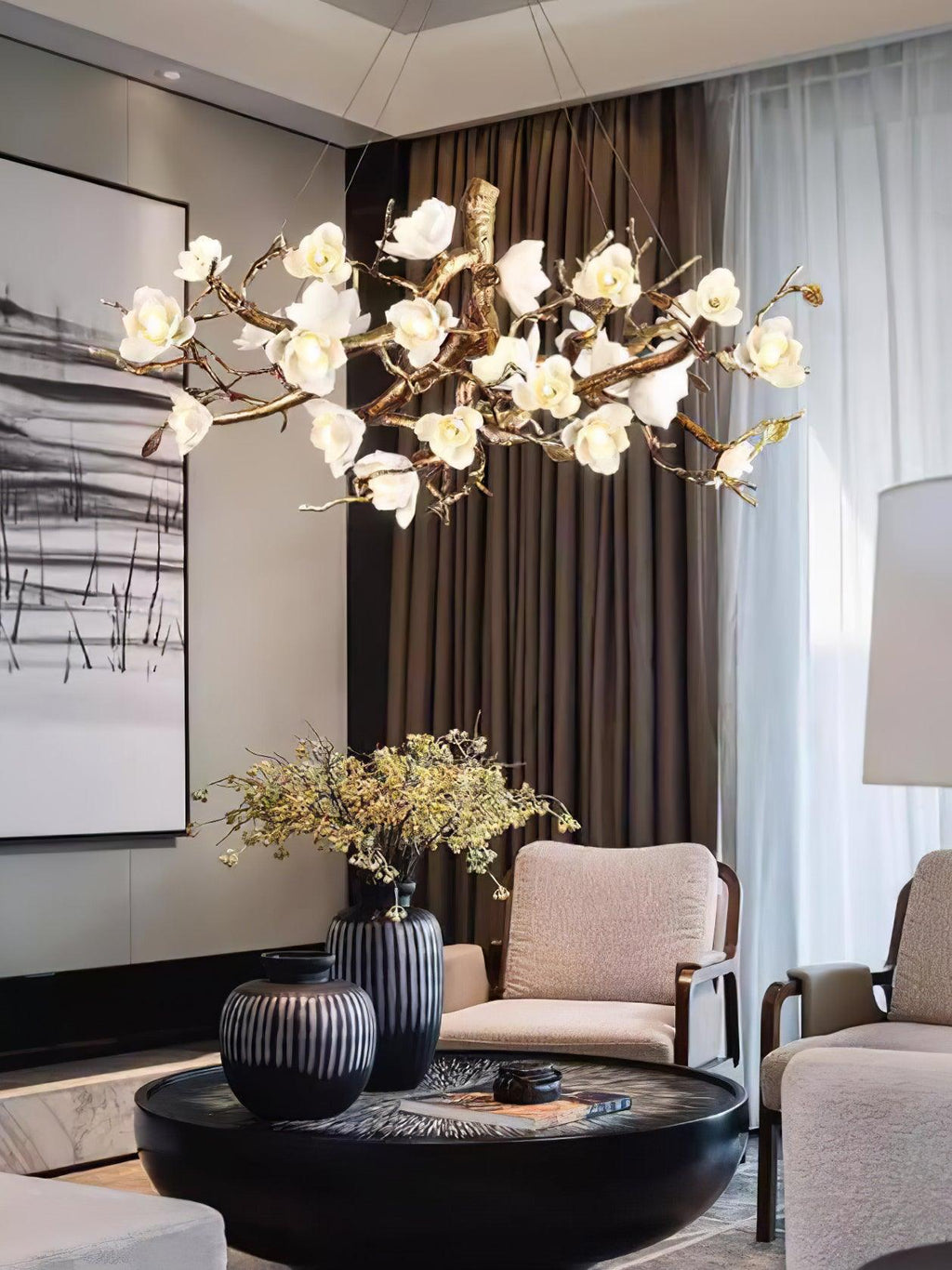 Avaros Postmodern Luxury Flower Bloom Branch Brass Ceramic Chandelier