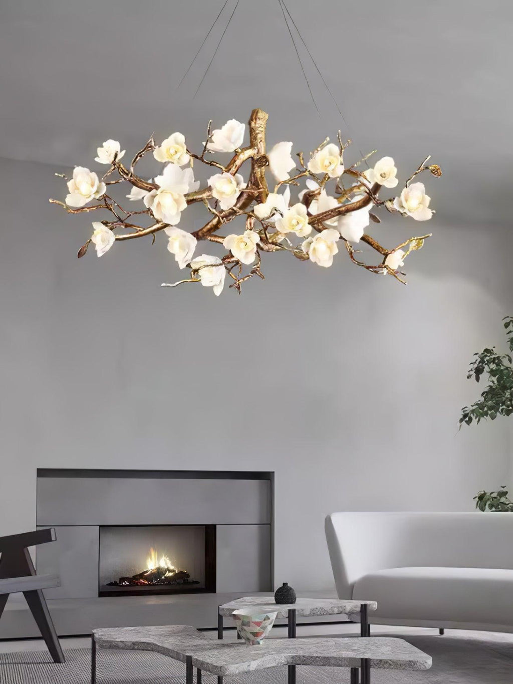 Avaros Postmodern Luxury Flower Bloom Branch Brass Ceramic Chandelier