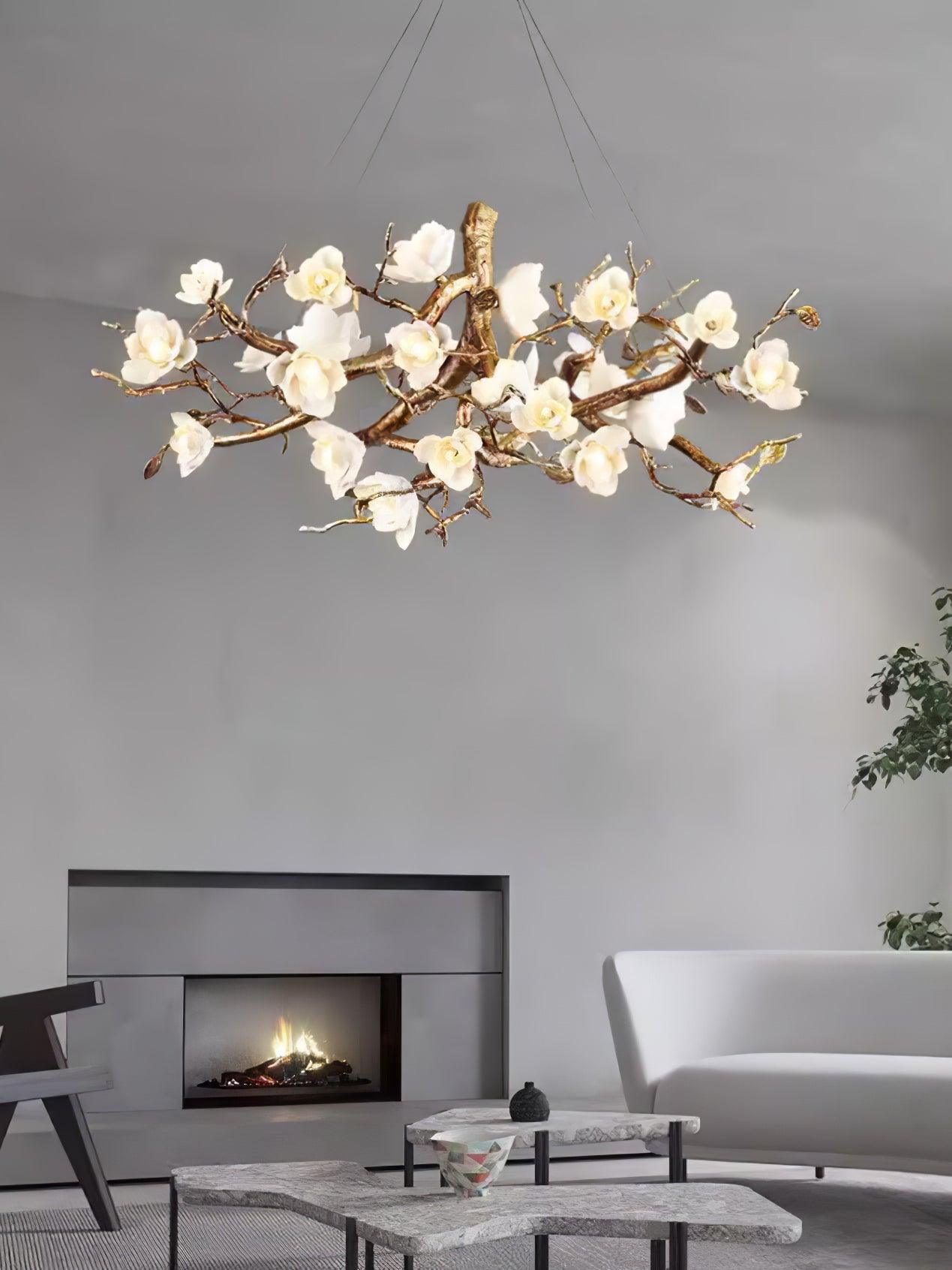 Avaros Postmodern Luxury Flower Bloom Branch Brass Ceramic Chandelier