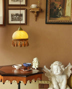 Sycaran French Tassels Swag Brass Glass Fabric Pendant Light