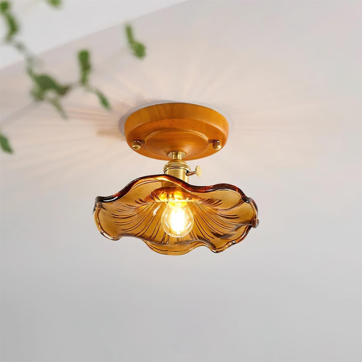 Ceiling Light Wood Canopy Brass & Glass Shade Vintage Floral Farmhouse