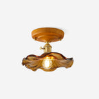 Ceiling Light Wood Canopy Brass & Glass Shade Vintage Floral Farmhouse
