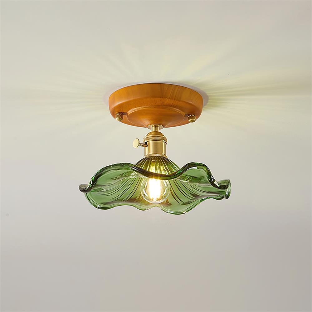 Ceiling Light Wood Canopy Brass & Glass Shade Vintage Floral Farmhouse