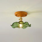 Ceiling Light Wood Canopy Brass & Glass Shade Vintage Floral Farmhouse