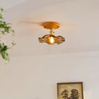 Ceiling Light Wood Canopy Brass & Glass Shade Vintage Floral Farmhouse