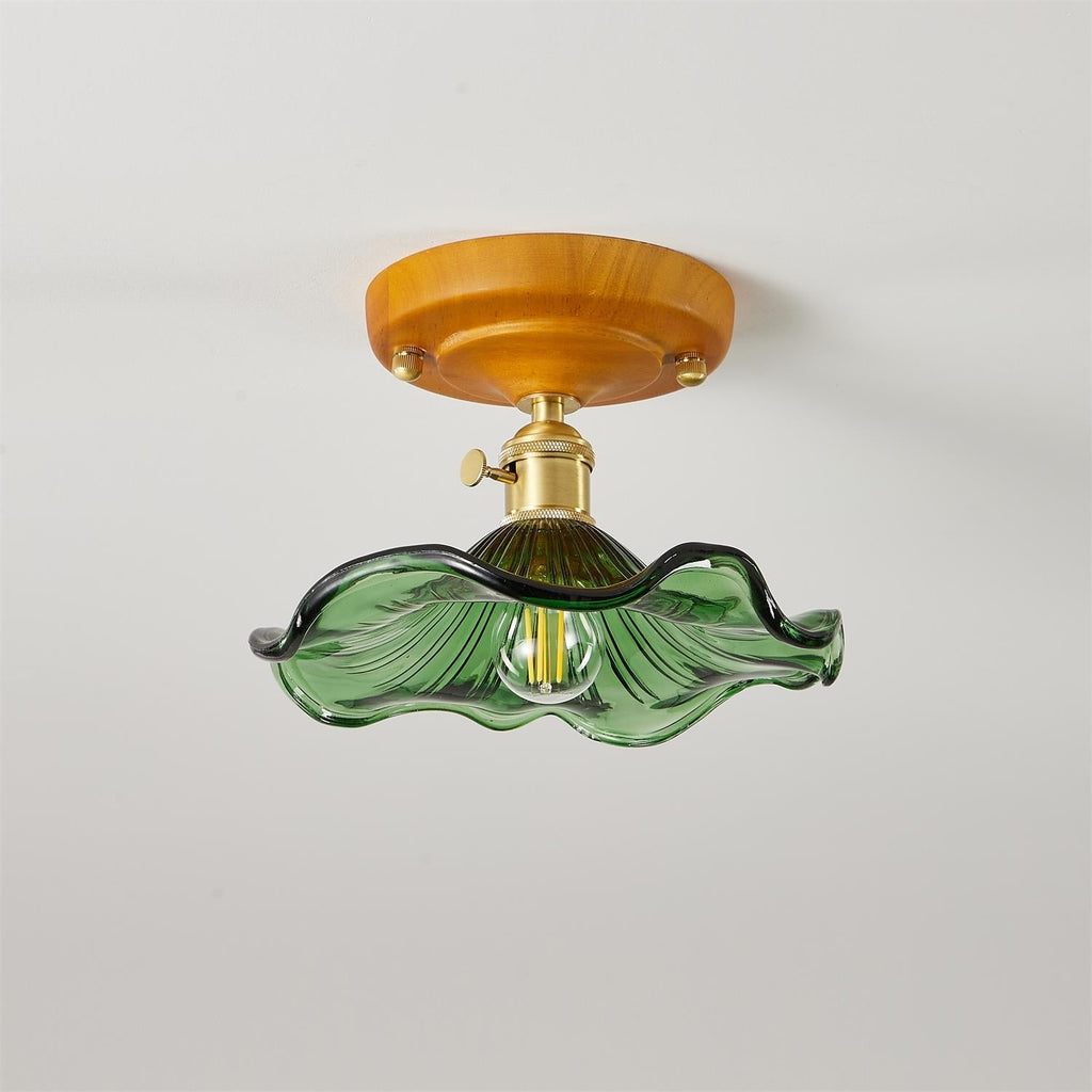 Ceiling Light Wood Canopy Brass & Glass Shade Vintage Floral Farmhouse