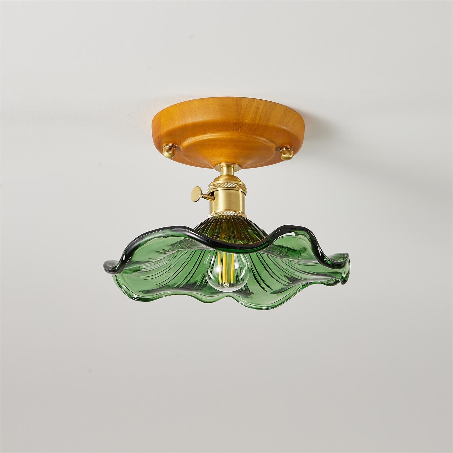 Ceiling Light Wood Canopy Brass & Glass Shade Vintage Floral Farmhouse