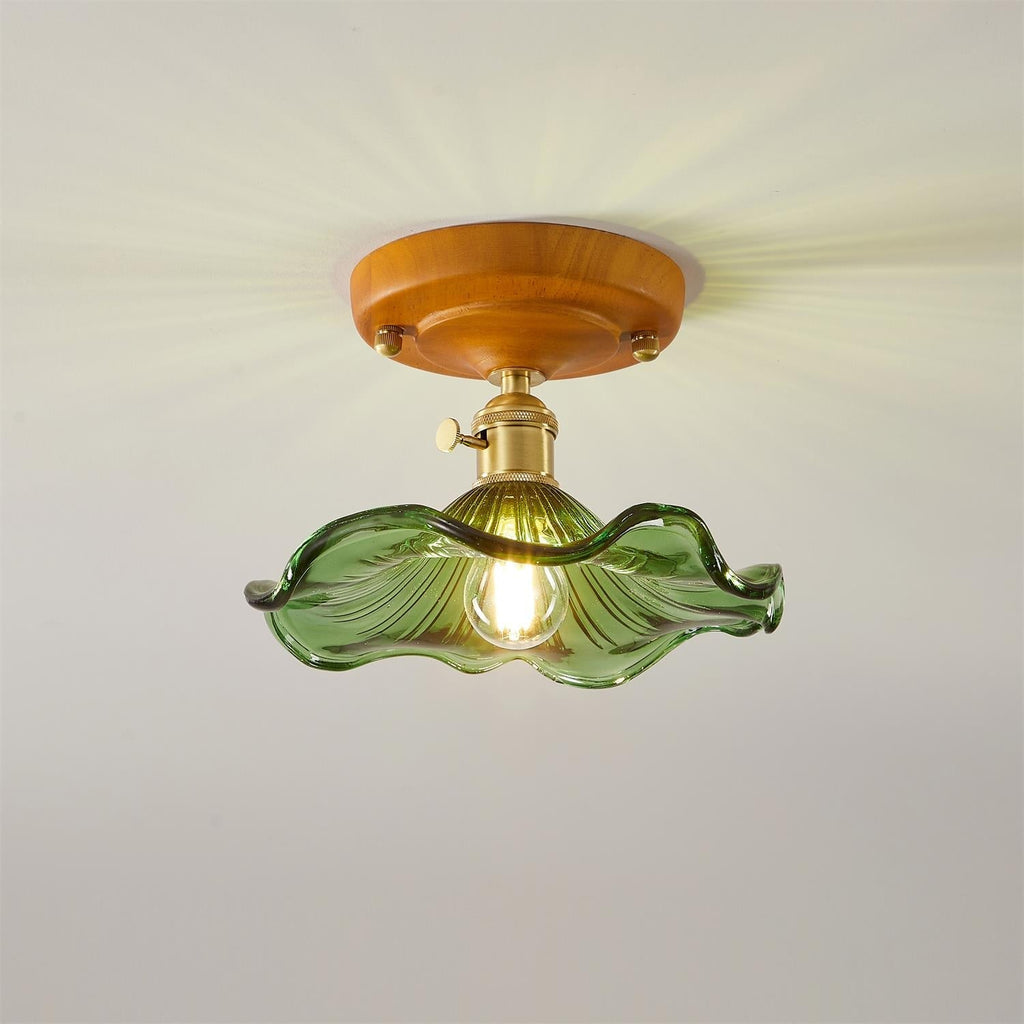 Ceiling Light Wood Canopy Brass & Glass Shade Vintage Floral Farmhouse