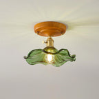 Ceiling Light Wood Canopy Brass & Glass Shade Vintage Floral Farmhouse