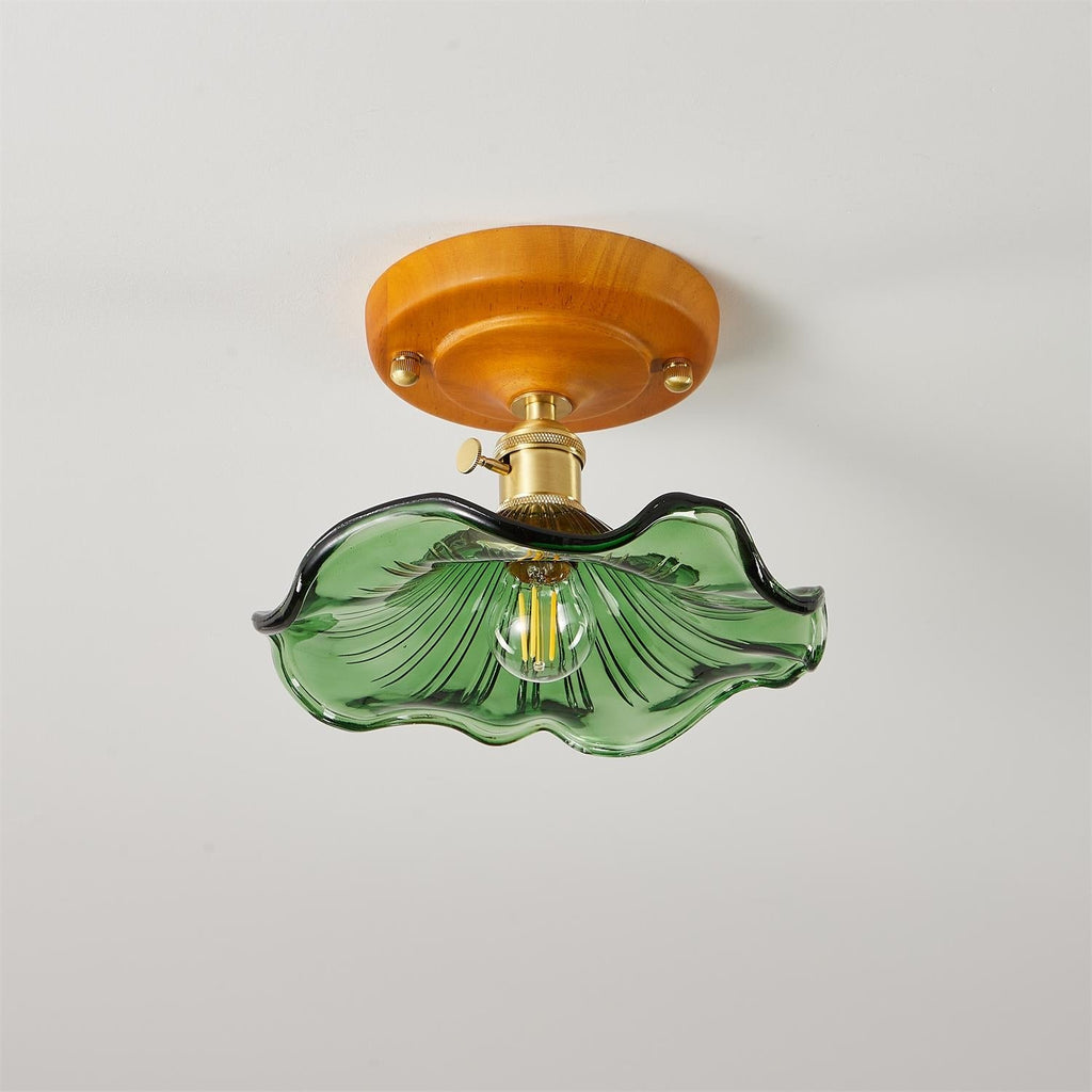Ceiling Light Wood Canopy Brass & Glass Shade Vintage Floral Farmhouse