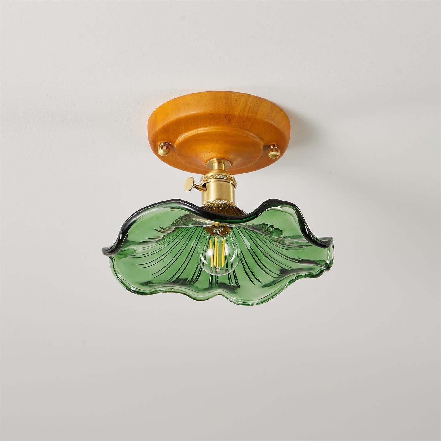 Ceiling Light Wood Canopy Brass & Glass Shade Vintage Floral Farmhouse