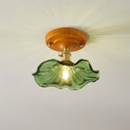Ceiling Light Wood Canopy Brass & Glass Shade Vintage Floral Farmhouse