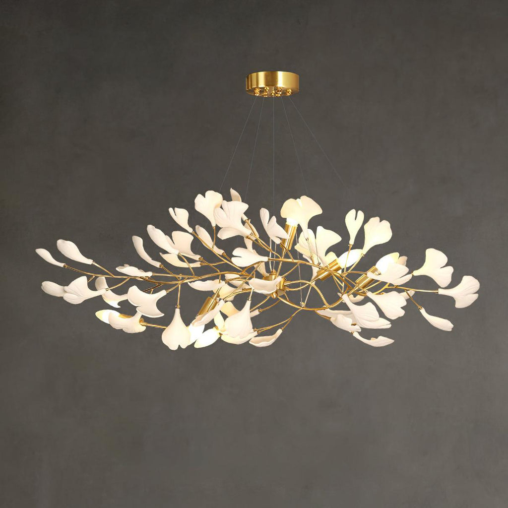 Olivia Ceramic Gingko Linear-Wave Chandelier White Leaf
