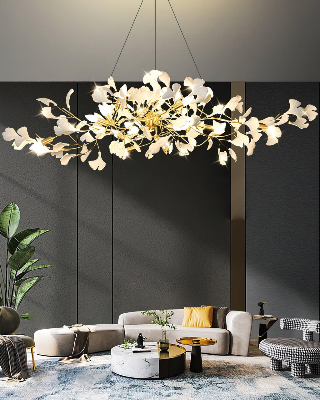 Olivia Ceramic Gingko Linear-Wave Chandelier White Leaf