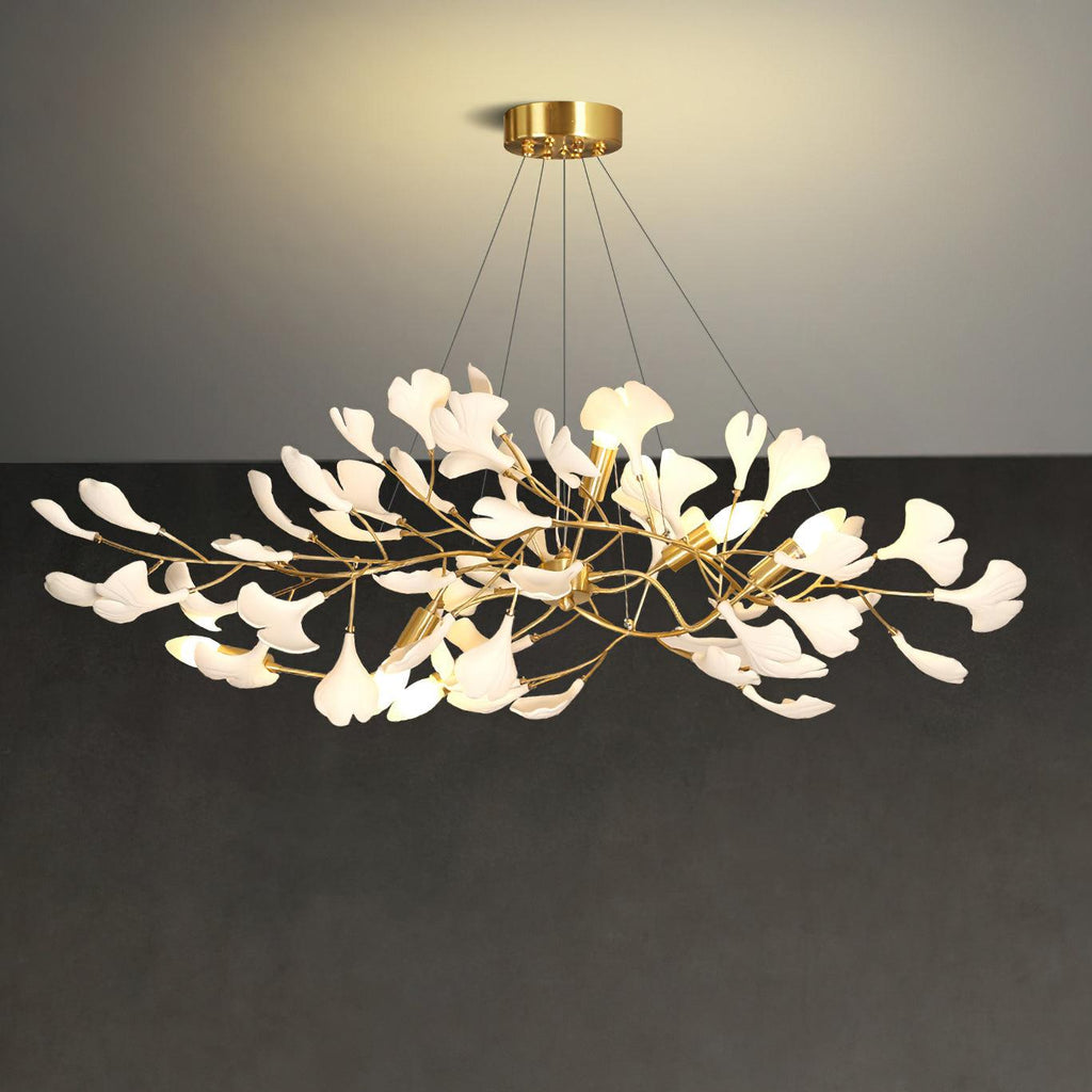Olivia Ceramic Gingko Linear-Wave Chandelier White Leaf