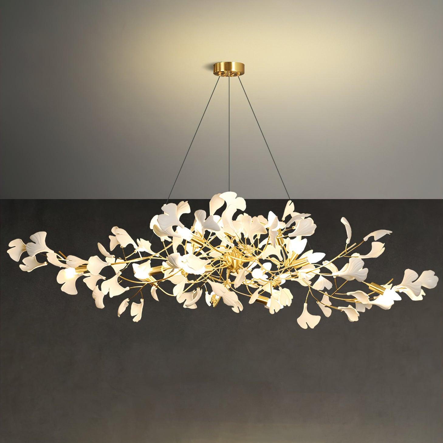Olivia Ceramic Gingko Linear-Wave Chandelier White Leaf