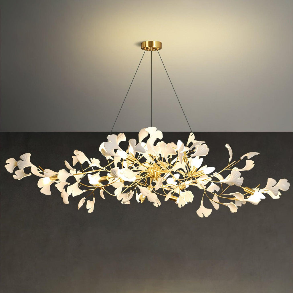 Olivia Ceramic Gingko Linear-Wave Chandelier White Leaf