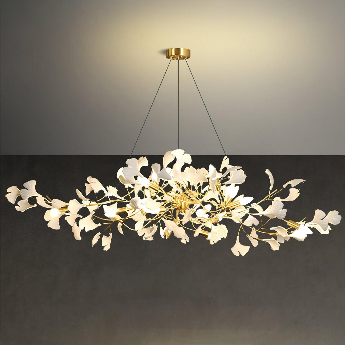 Olivia Ceramic Gingko Linear-Wave Chandelier White Leaf
