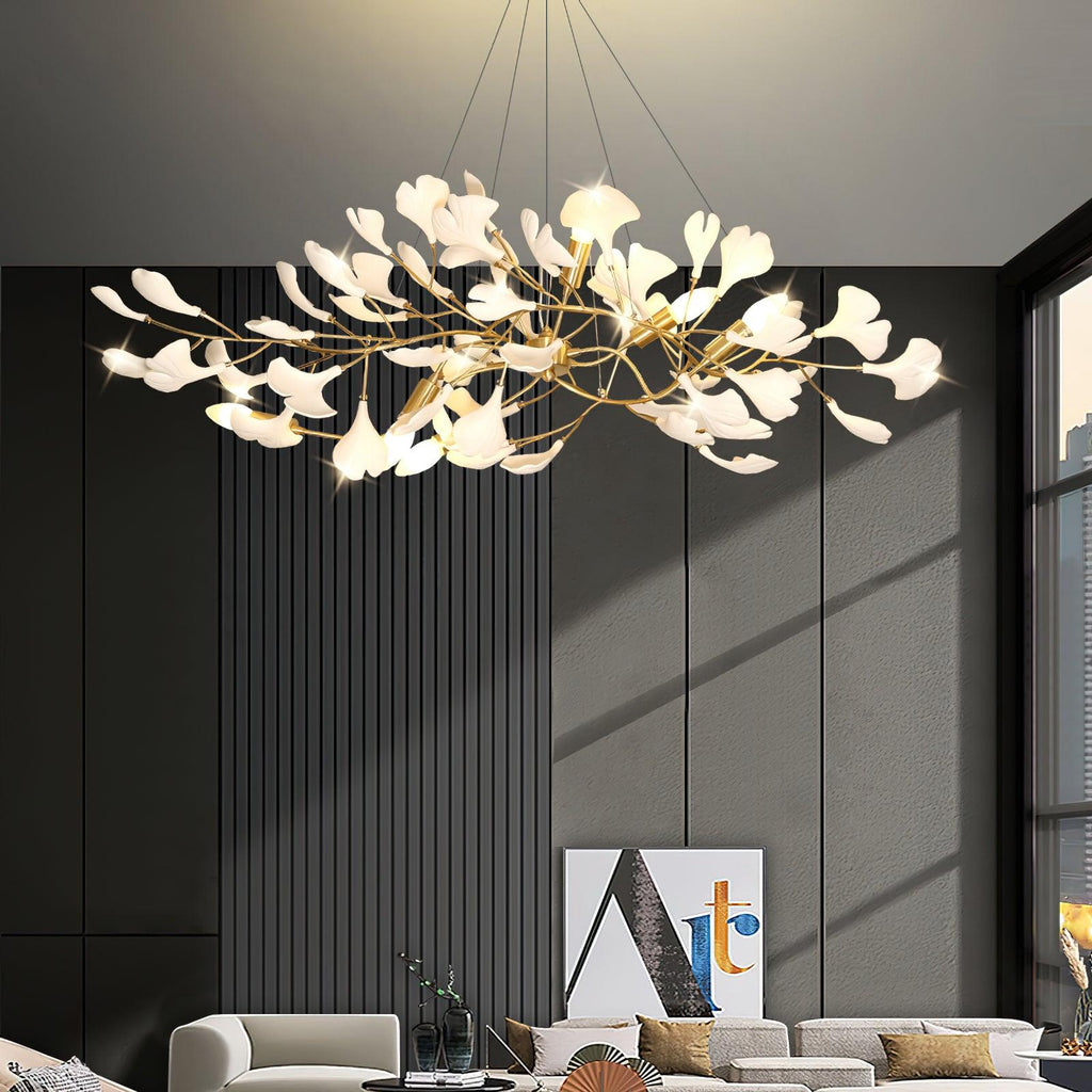 Olivia Ceramic Gingko Linear-Wave Chandelier White Leaf
