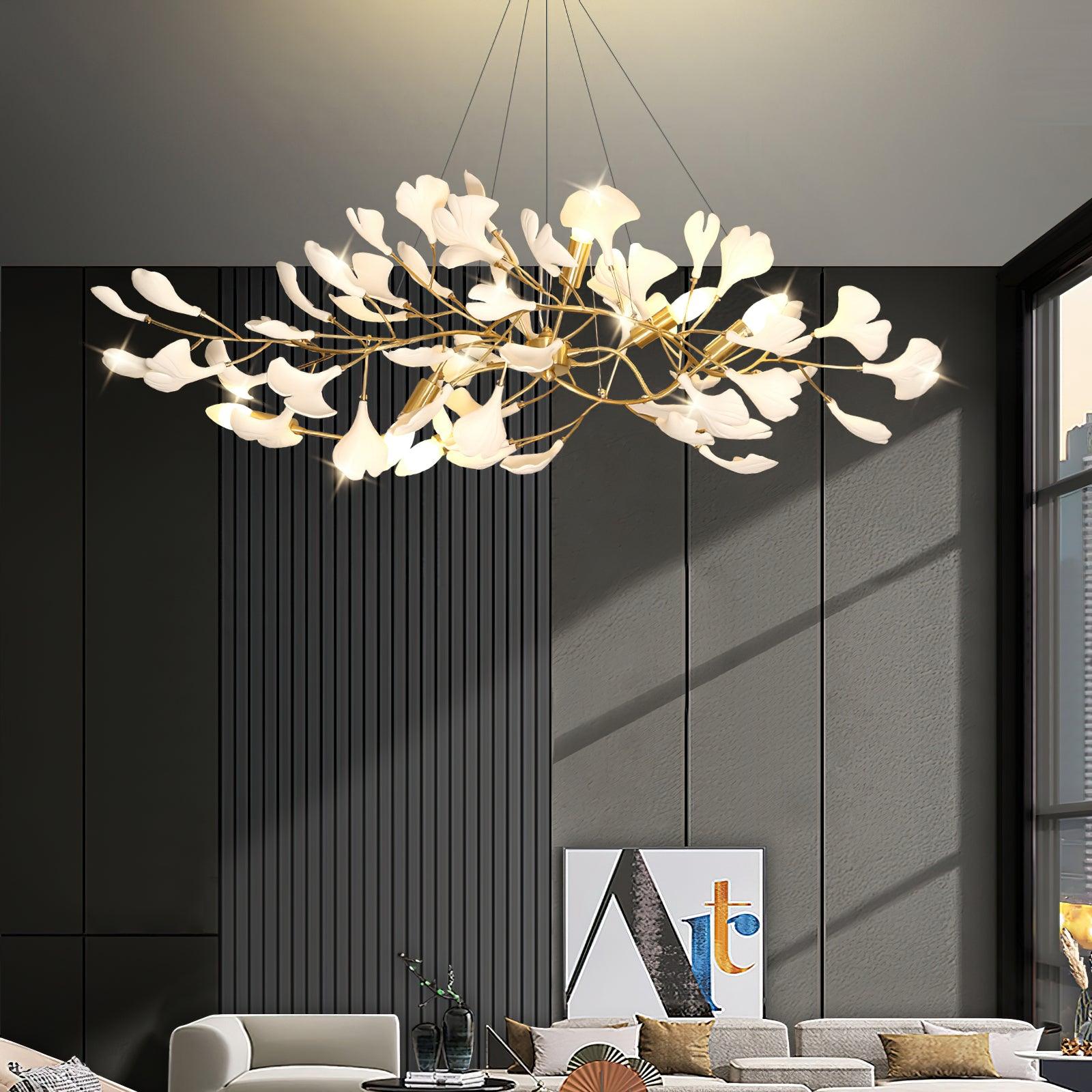 Olivia Ceramic Gingko Linear-Wave Chandelier White Leaf