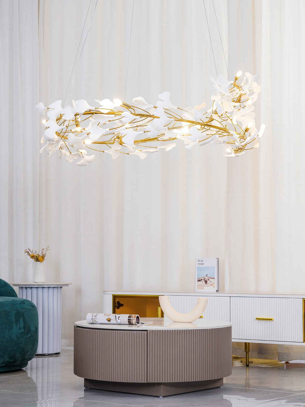 Lustra Pendant Lamp Gingko Porcelain Leaves Gold