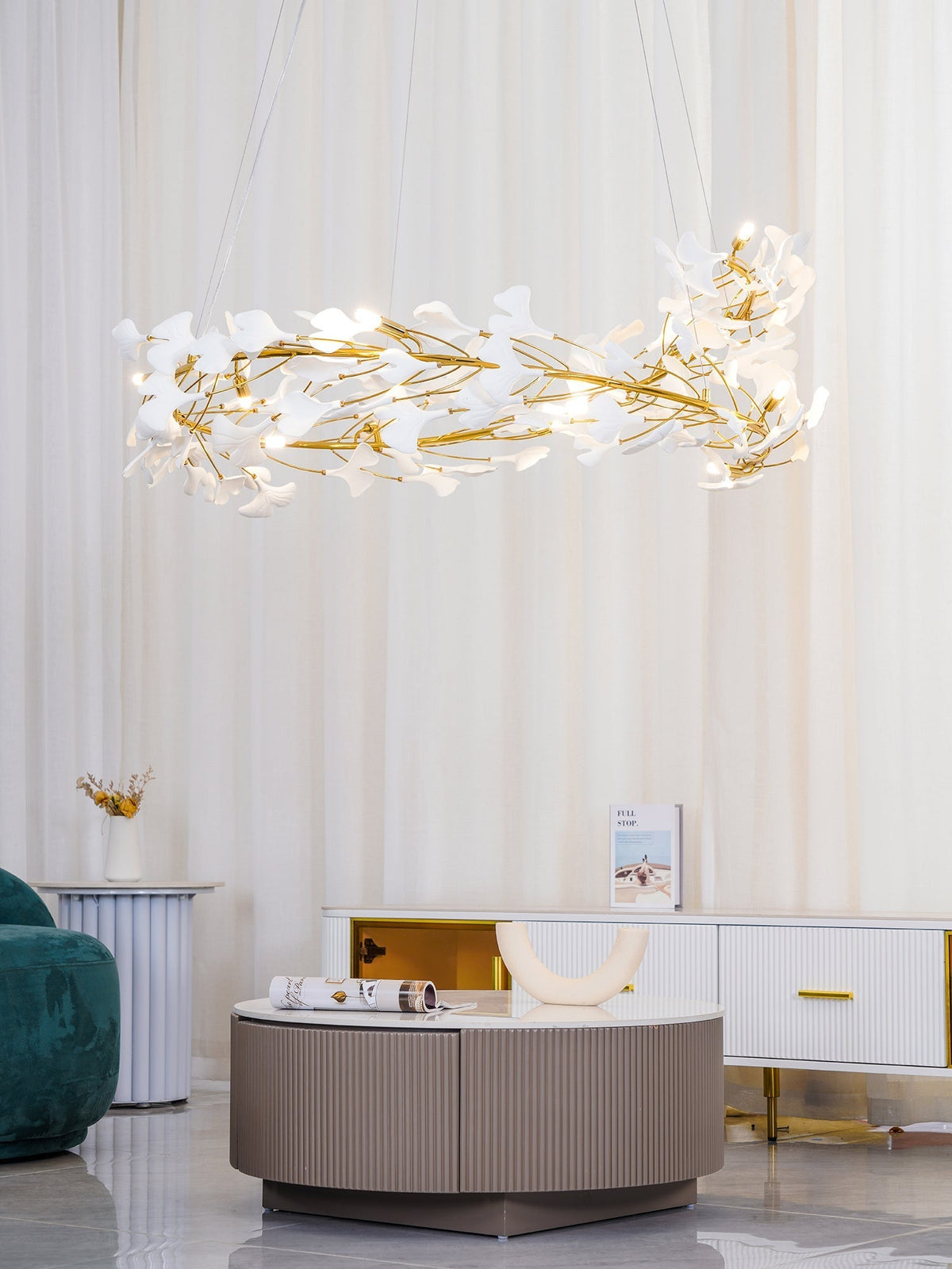 Lustra Pendant Lamp Gingko Porcelain Leaves Gold