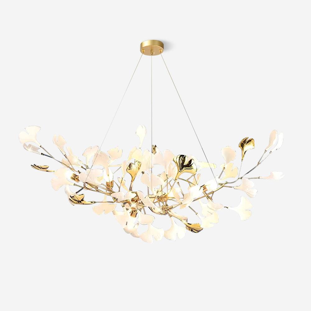 Chandelier White Ceramic Ginkgo Petals Gold Organic Art Nouveau