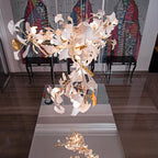 Chandelier White Ceramic Ginkgo Petals Gold Organic Art Nouveau