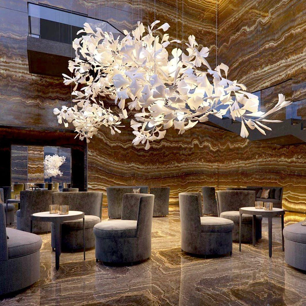 Chandelier White Ceramic Ginkgo Petals Gold Organic Art Nouveau