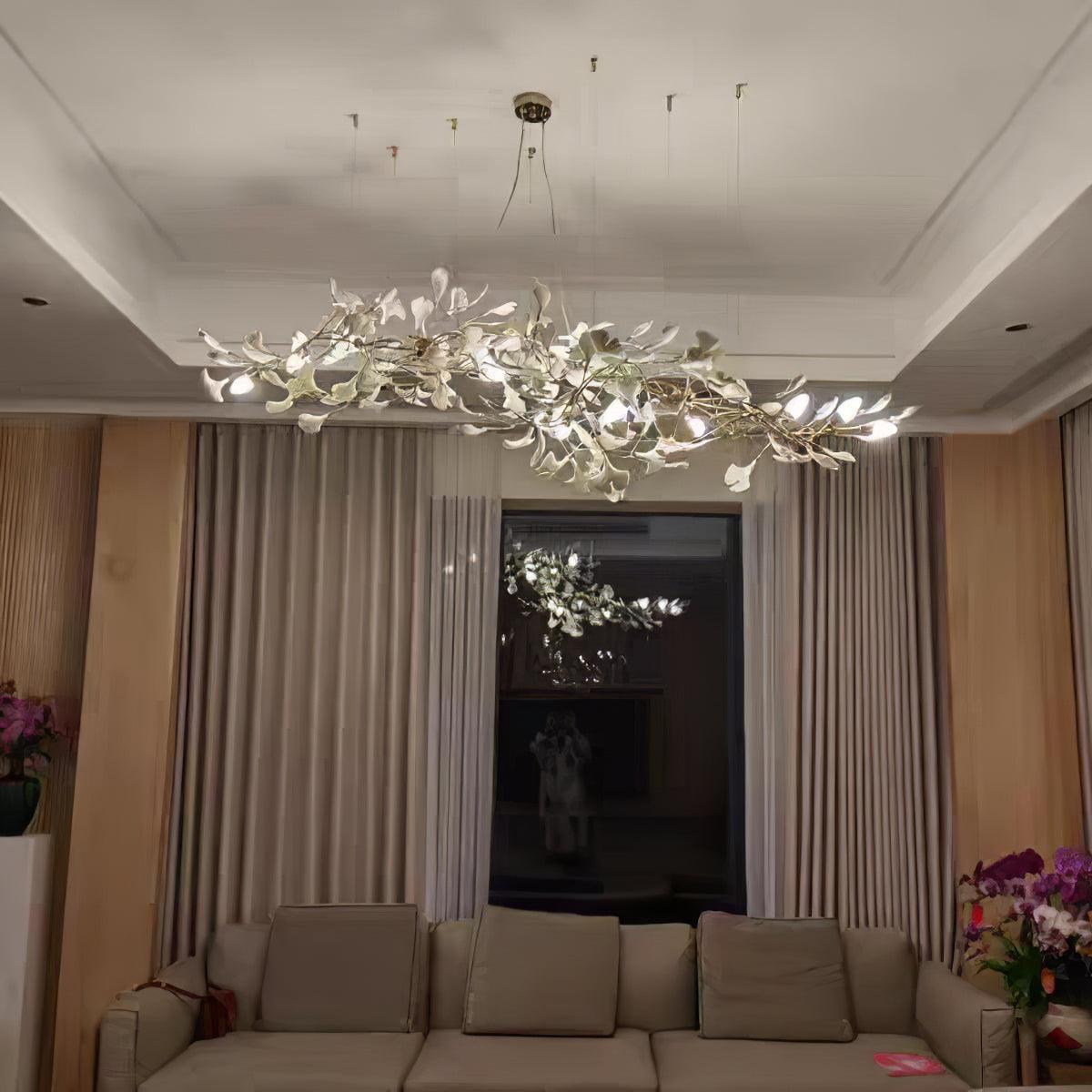 Chandelier White Ceramic Ginkgo Petals Gold Organic Art Nouveau