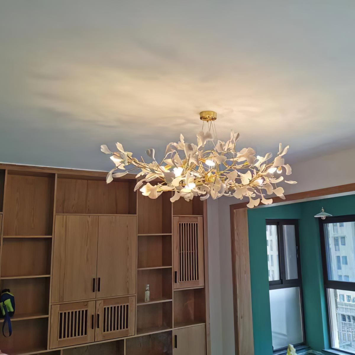 Chandelier White Ceramic Ginkgo Petals Gold Organic Art Nouveau