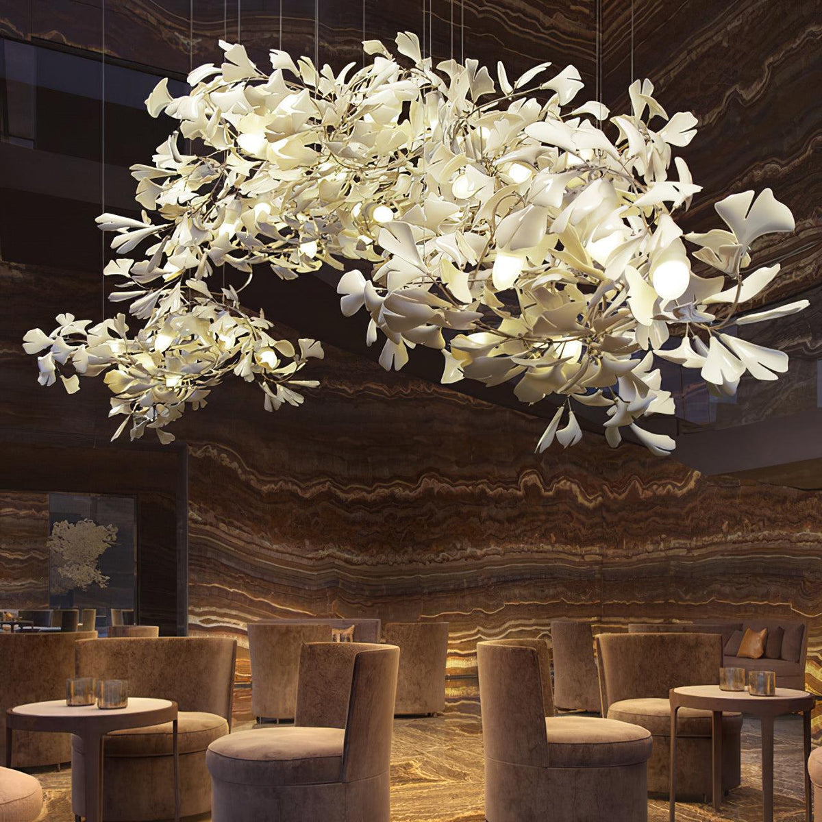 Chandelier White Ceramic Ginkgo Petals Gold Organic Art Nouveau