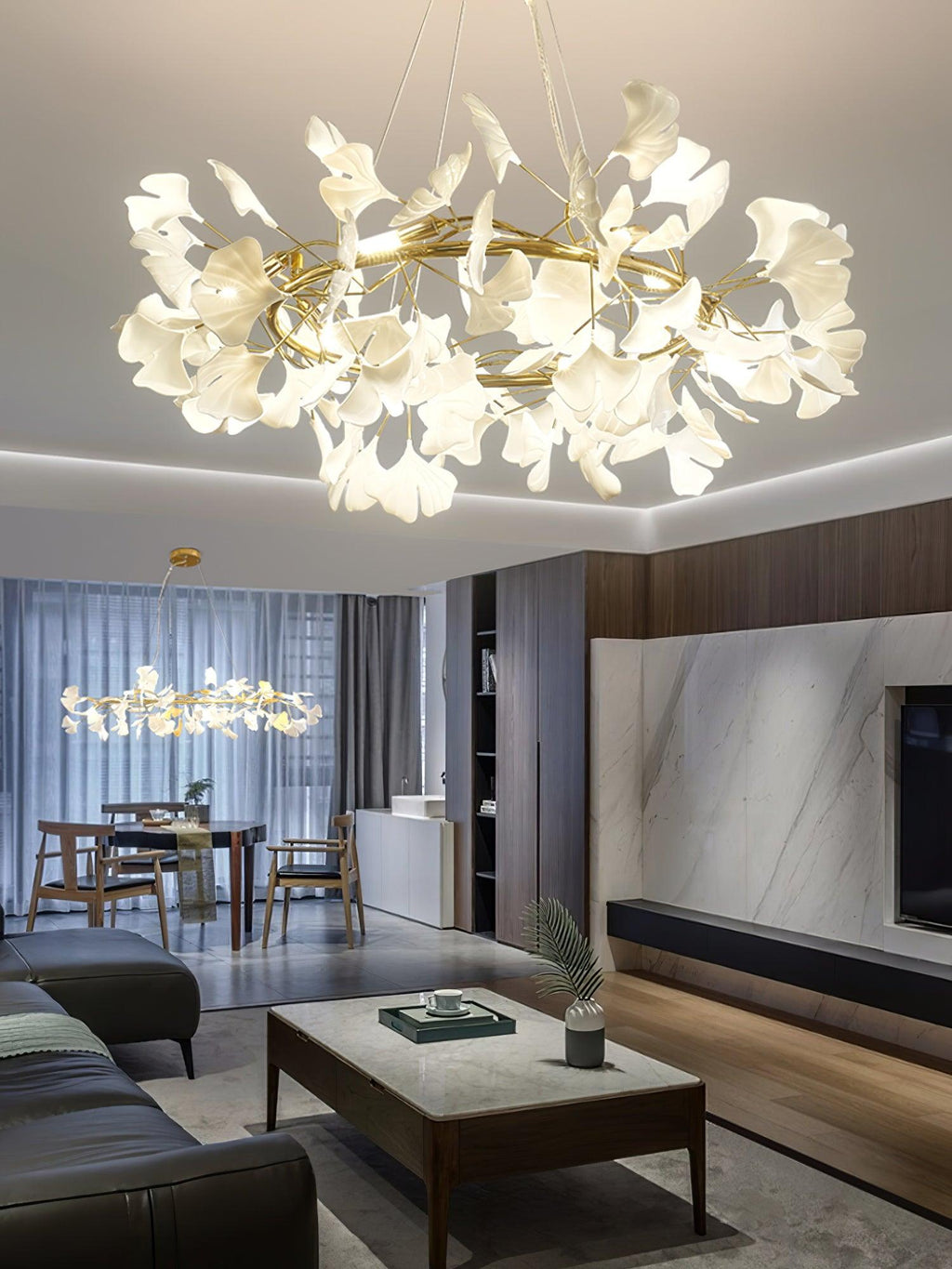 Chandelier Frame Ceramic Gingko White Gold Shade Modern Art
