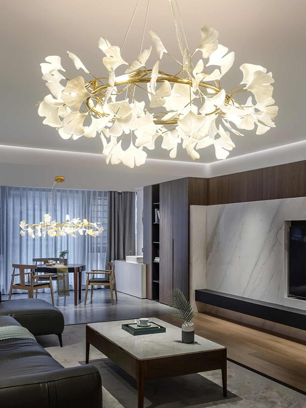 Chandelier Frame Ceramic Gingko White Gold Shade Modern Art