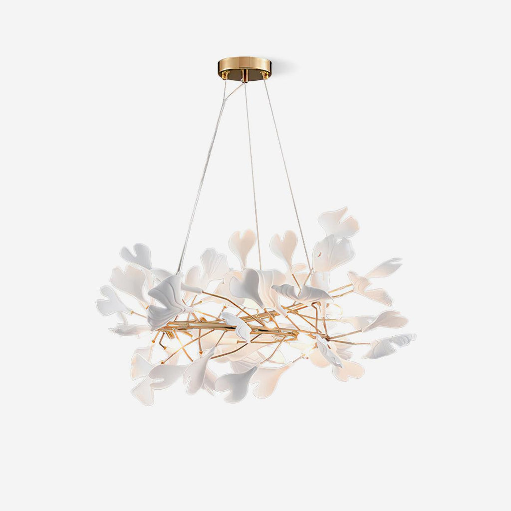 Chandelier White Ceramic Ginkgo Petals Gold Branches Art