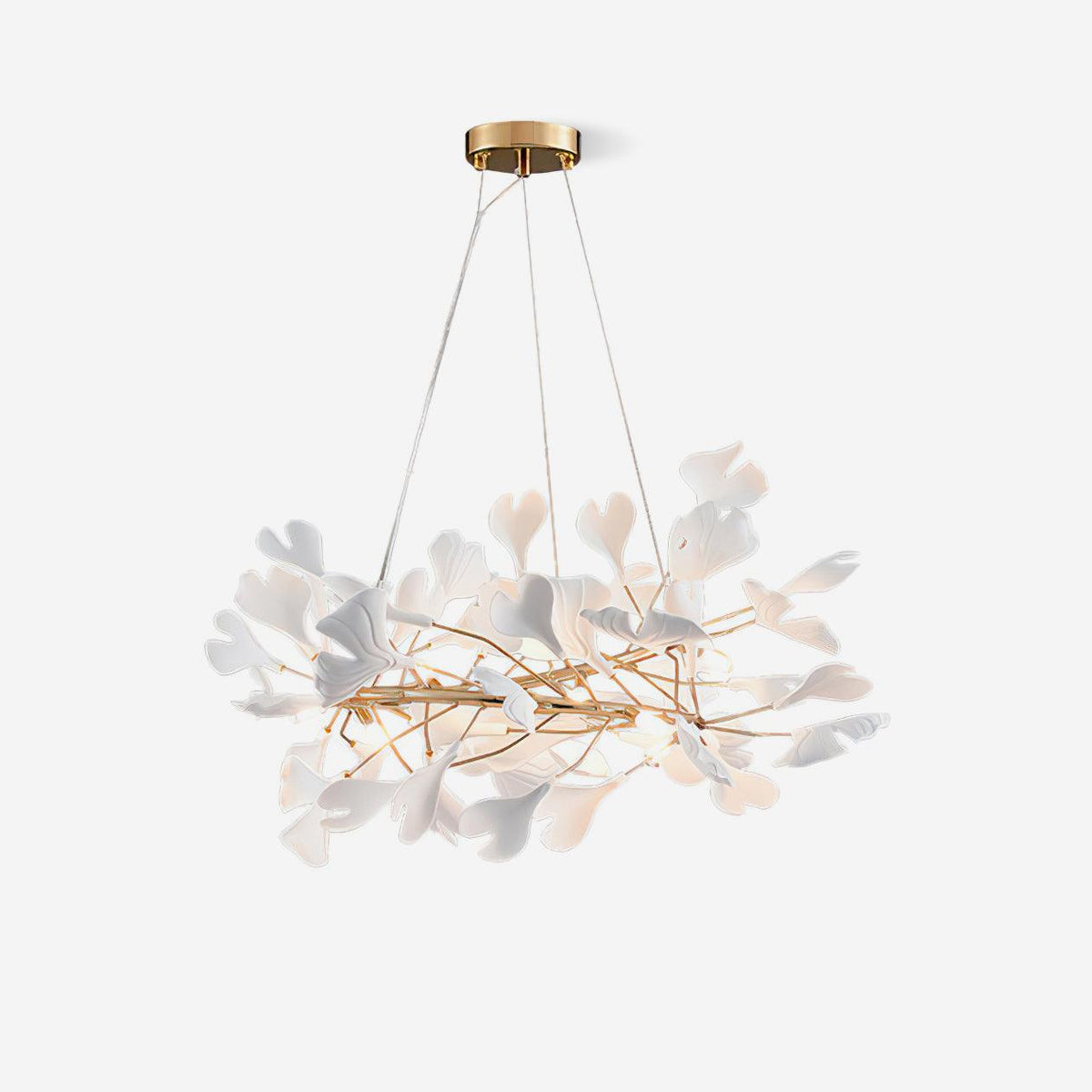 Chandelier White Ceramic Ginkgo Petals Gold Branches Art