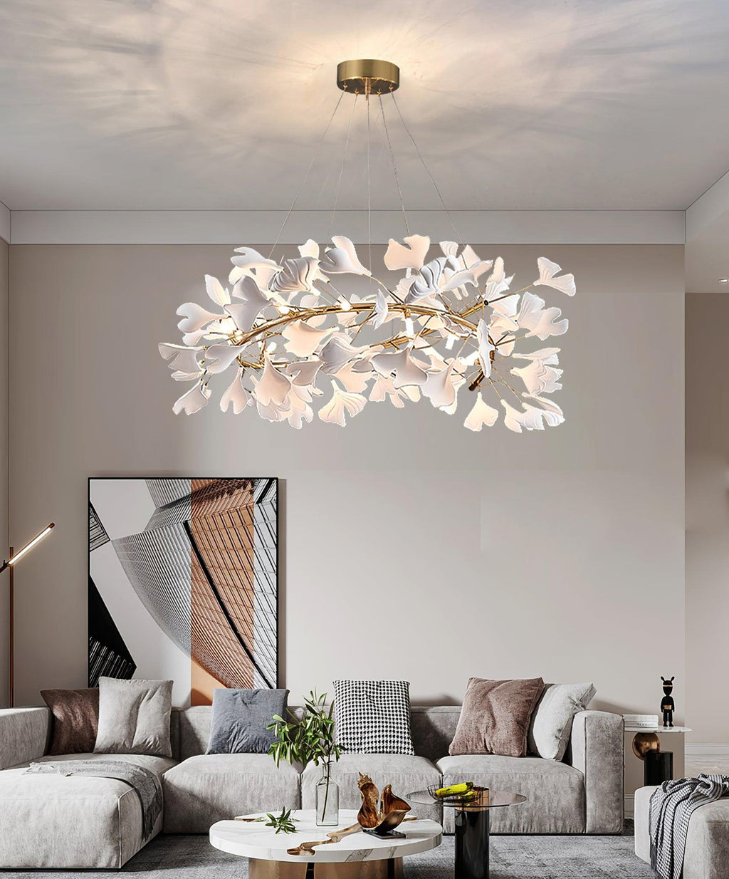 Chandelier White Ceramic Ginkgo Petals Gold Branches Art