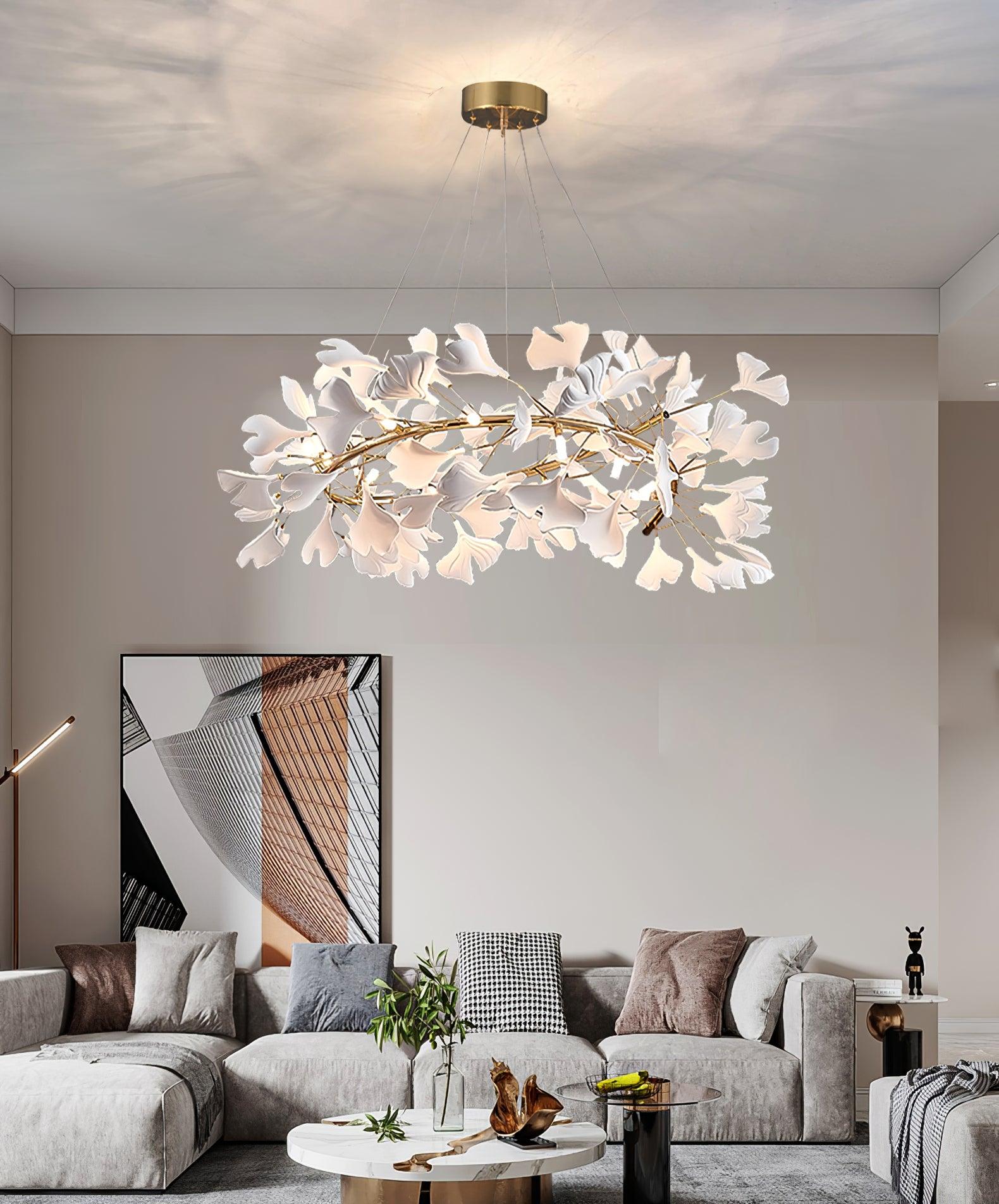 Chandelier White Ceramic Ginkgo Petals Gold Branches Art
